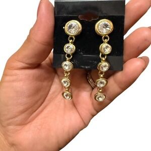 Gold Tone Graduated Rhinestone Bezel Set Linear Drop Dangle Earrings Sparkly